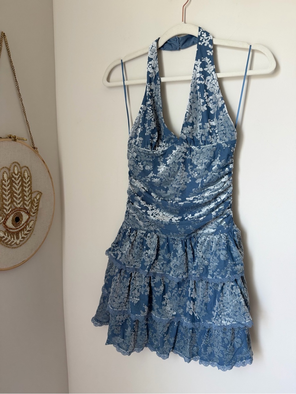 Blue Floral lace trim velvet halter Mini Dress